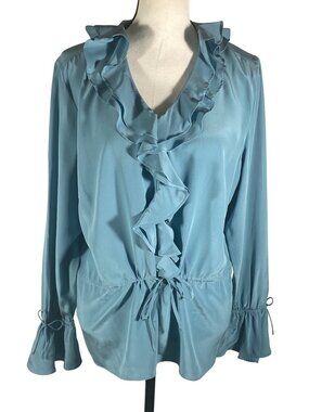 Silk Assets Diane Von Furstenberg Blue 100% Silk Ruffle Blouse Size M elegant